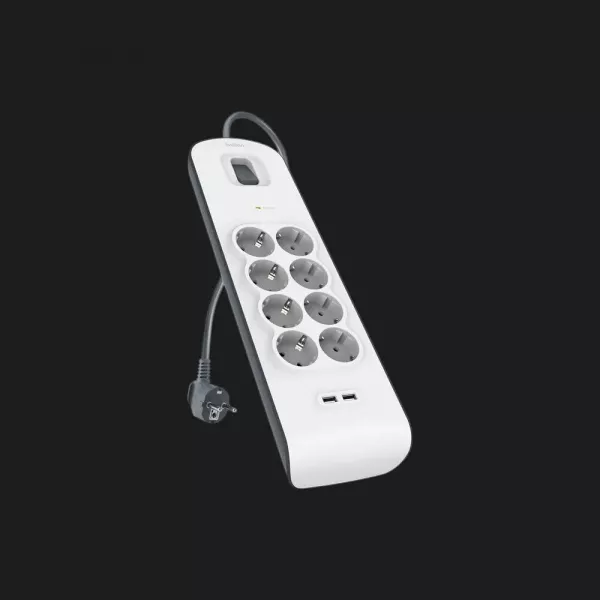 Мережевий фільтр Belkin 8хТип F, 3x1.5мм кв, 16А, 2xUSB-A 2.4A, з захистом від перенапруги,2м (White)